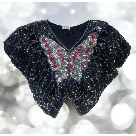 VTG SHE Sequin Beaded Butterfly Top Womens OS 70's Disco Retro Glam Silk Rayon - Picture 1 of 14